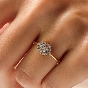 Dainty 14K Gold Diamond Flower Ring: Vintage Inspired Cluster Engagement Jewelry