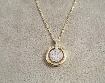 14k Gold Diamond Disc Necklace: Dainty Pave Pendant