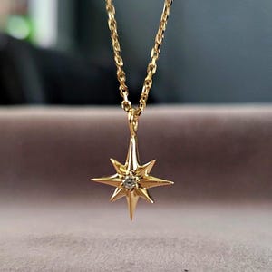 Solid Gold Diamond North Star Necklace, Starburst Necklace, Tiny Star Necklace, Diamond 14k Star Necklace, Minimalist Pendant, Bridal Gift