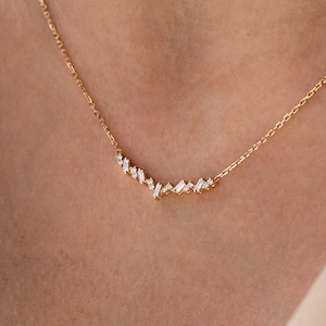 14k Gold Diamond Cluster Necklace: Baguette & Round Diamond Pendant