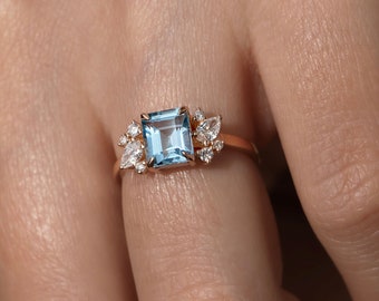 Aquamarine and Diamond Engagement Ring in Solid Gold, Vintage Bridal Ring, Diamond Promise Ring, Unique Anniversary Ring, Gold Art Deco Ring
