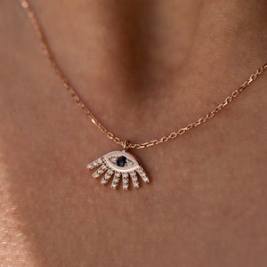 14k Diamond Evil Eye Necklace - Sapphire Necklace For Women- Diamond Eye Lash Evil Eye Pendant - Gold Protection Necklace - Diamond Necklace