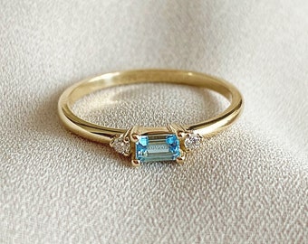 Blue Topaz and Diamond Ring, 14k Gold Baguette Topaz Engagement Ring, Blue Birthstone Ring, Diamond Promise Ring, Minimal Anniversary Ring