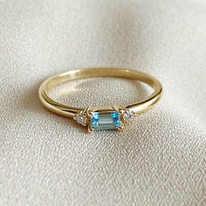 14k Gold Blue Topaz Baguette Ring: Diamond Accent Promise Ring