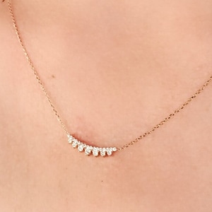 14K Gold Diamond Curved Bar Necklace: Minimalist Bridal Pendant