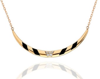 14k Solid Gold Enamel Pendant with Diamond- Black Enamel Layering Necklace- Minimalist Diamond Curved Charm- Dainty Gift Pendant for Women