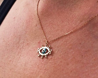 14k Gold Evil Eye Necklace, Good Luck Protection Pendant, Enamel Nazar Charm Necklace,  Eye Pendant For Women, Minimalist Layering Necklace