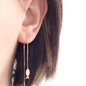 Diamond Fish Threader Earrings, 14k Solid Gold Dangle Earrings, Dainty Chain Jewelry, Single - Pair