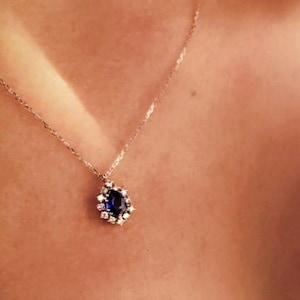 Diamond Blue Sapphire 14k Gold Halo Necklace - September Birthstone