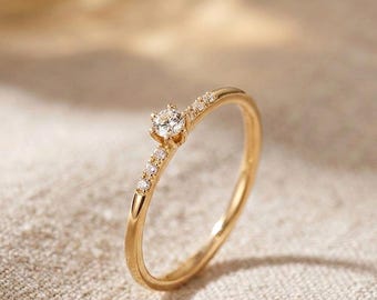 Minimalist 14K Gold Diamond Solitaire Ring: Dainty Stacking Ring