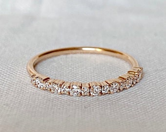 14K Gold Half Eternity Genuine Diamond Wedding Band, Dainty Pave Diamond Stacking Ring