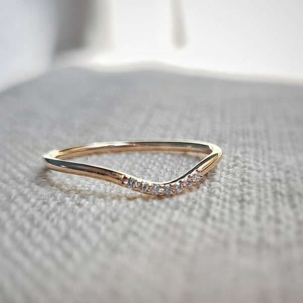 Curved Diamond Wedding Band, 14k Gold Round Micro Pave Diamond Stacking Ring, Curved Diamond Wedding Ring, Dainty Stacking Engagement Band