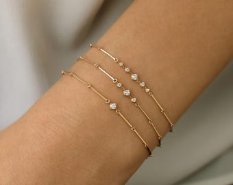14k Gold Bar Diamond Bracelet: Dainty Minimalist Bracelet