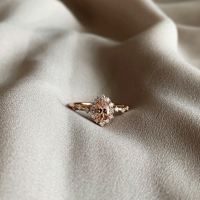 Vintage Morganite and Diamond Engagement Ring, Oval Morganite Bridal Ring Rose Gold, Solid Gold Diamond Halo Ring, Morganite Promise Ring image 5