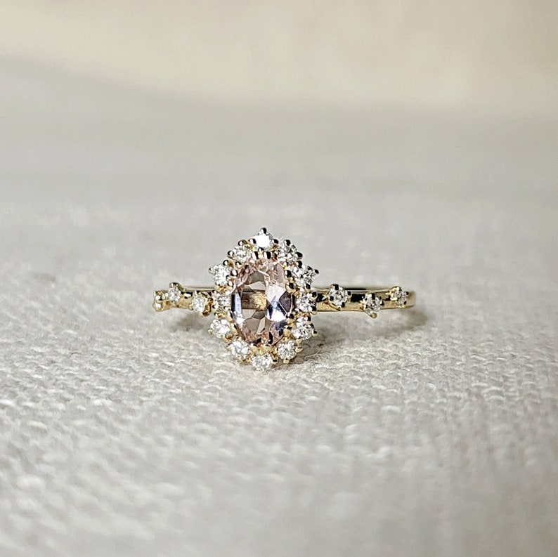 Vintage Morganite and Diamond Engagement Ring, Oval Morganite Bridal Ring Rose Gold, Solid Gold Diamond Halo Ring, Morganite Promise Ring image 9