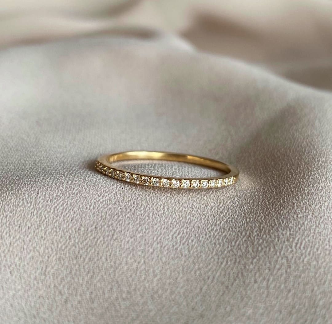 Solid Gold Diamond Half Eternity Ring: Dainty Stackable Wedding Band - Etsy