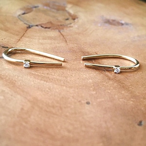 Diamond Hoop Earrings, 14k Gold Arc Earrings, Minimalist Open Hoops, Dainty Gold Wire Earring, Diamond Arc Earring, Wife Girlfriend Mom Gift