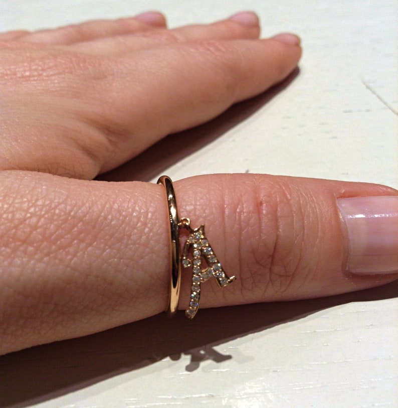14K Gold Diamond Initial Ring, Personalized Stacking Ring, Dangle ...