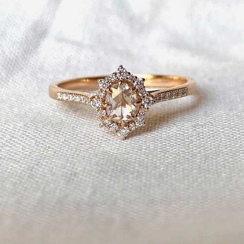 14K Gold Rose Cut Diamond Ring Oval Engagement Ring Dainty - Etsy