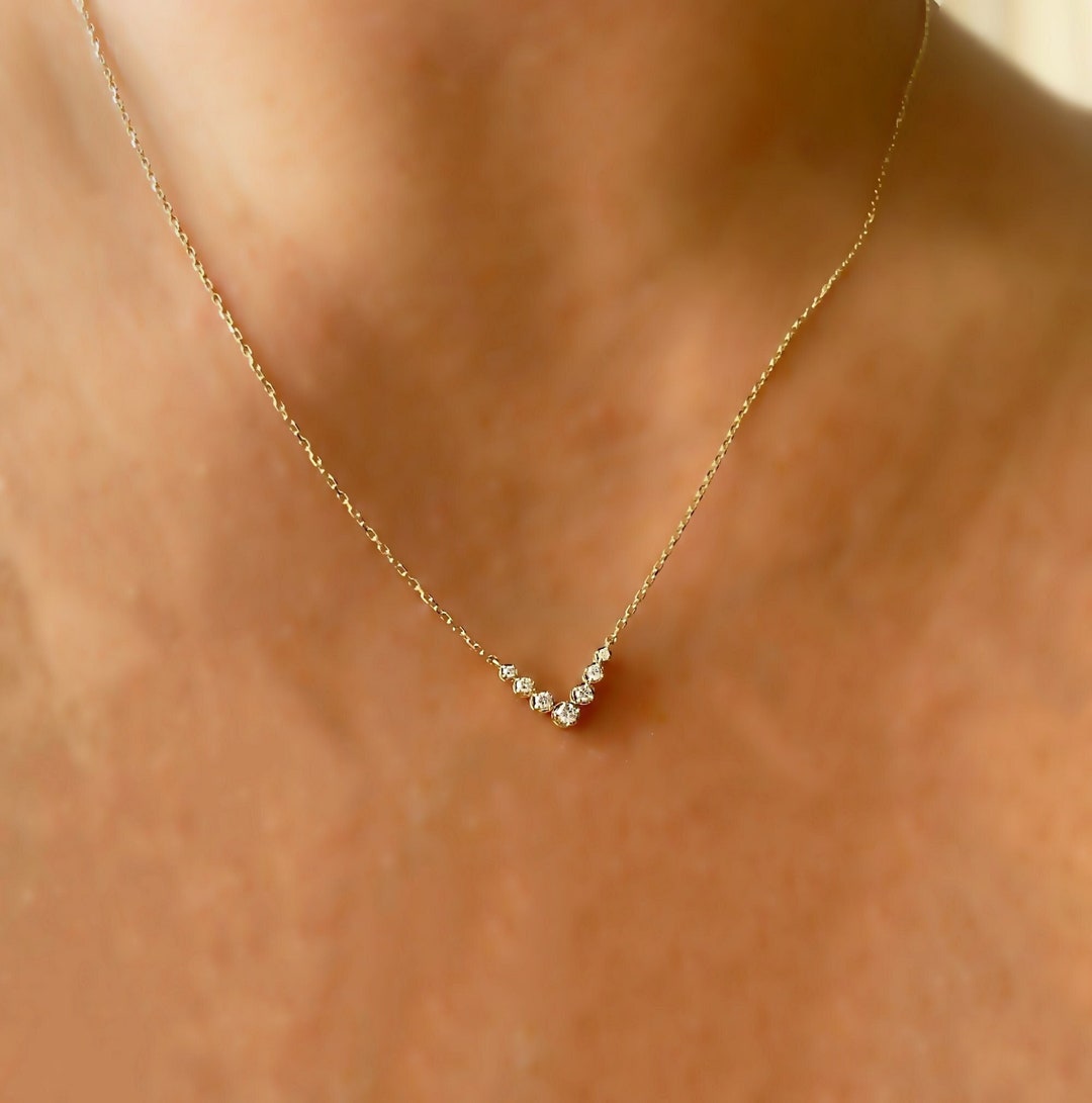 14k Diamond Chevron Necklace V Shape Layering Pendant Solid Etsy