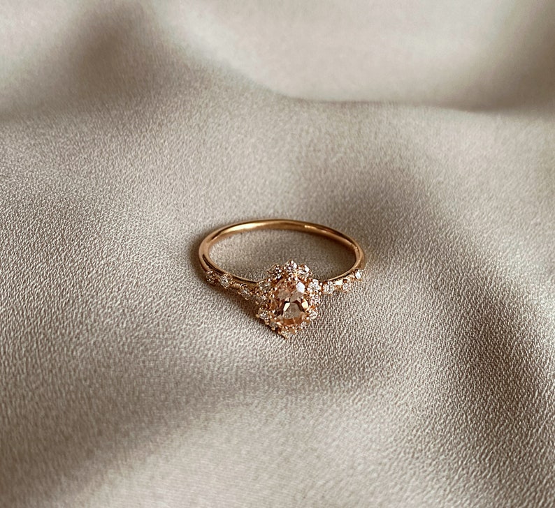 Vintage Morganite and Diamond Engagement Ring, Oval Morganite Bridal Ring Rose Gold, Solid Gold Diamond Halo Ring, Morganite Promise Ring image 6