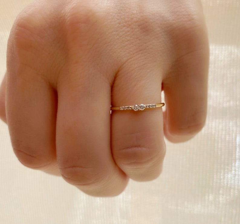 Solid Gold Double Tiny Diamond Ring Minimalist Diamond Ring - Etsy