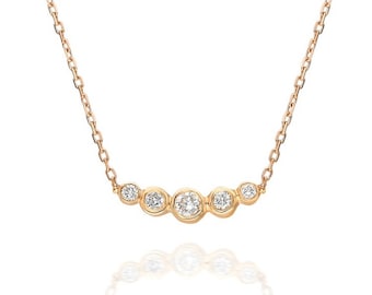 14k Gold Diamond Bezel Necklace: Dainty Curved Bar Necklace