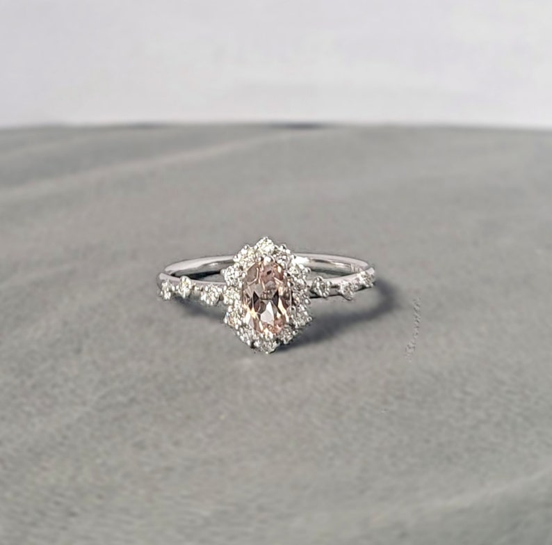 Vintage Morganite and Diamond Engagement Ring, Oval Morganite Bridal Ring Rose Gold, Solid Gold Diamond Halo Ring, Morganite Promise Ring image 10
