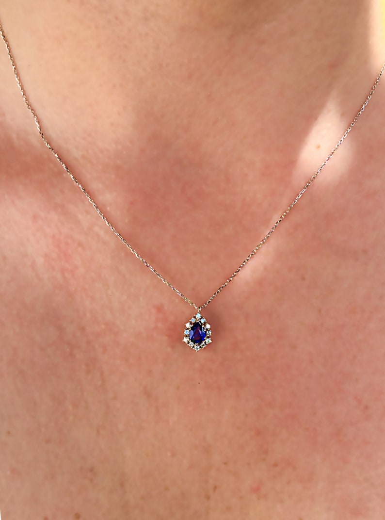 14k Gold Blue Sapphire Necklace Diamond and Sapphire Gold Etsy