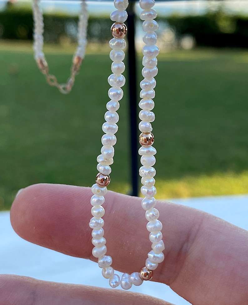 14k Gold Ball White Pearl Necklace Gold Tiny Pearl Choker Etsy