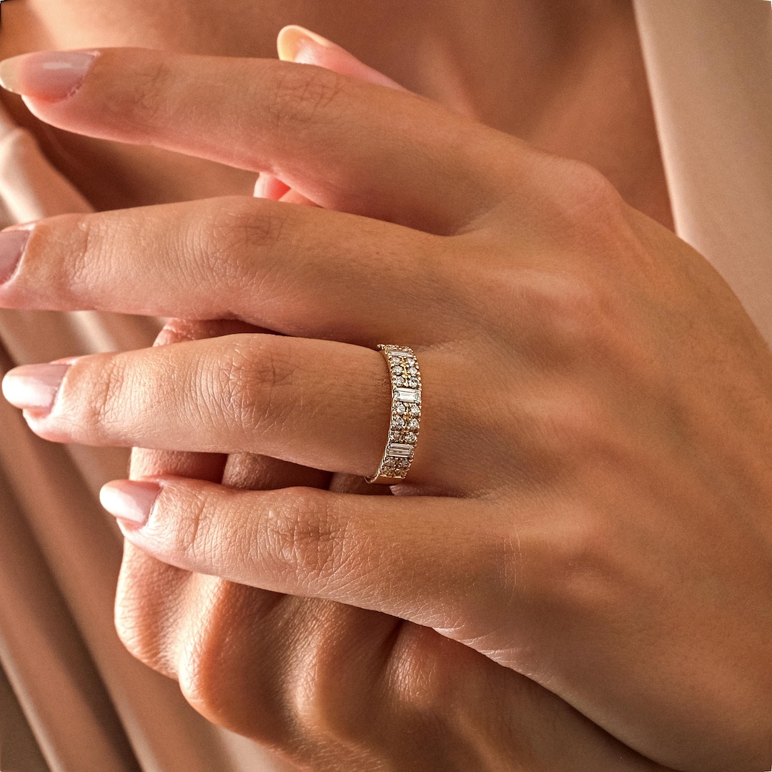 14K Gold Diamond Band Ring: Baguette & Round Cut Eternity Band - Etsy