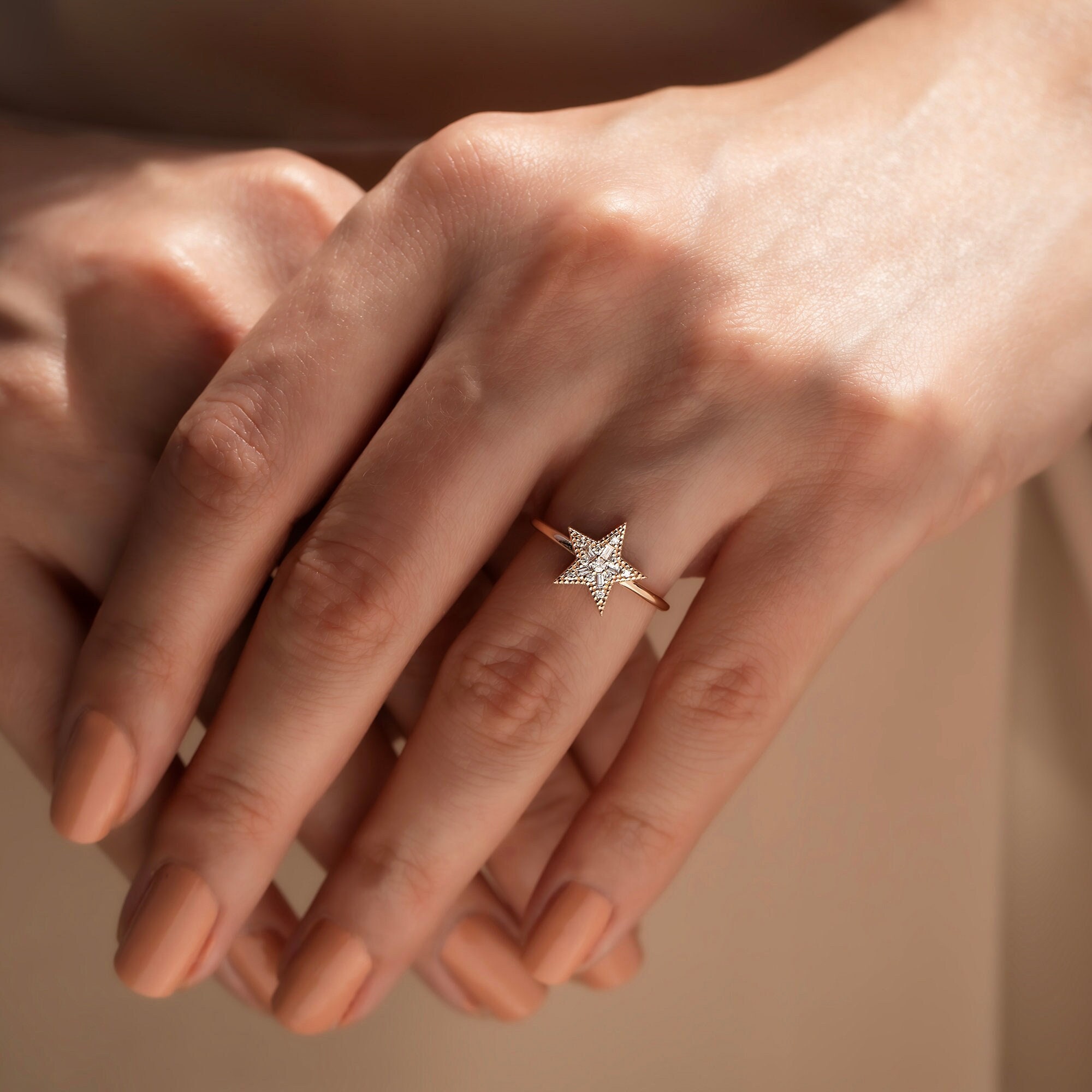 14K Gold Diamond Star Ring Baguette Diamond Solid Gold Ring Diamond Cluster Ring Women Baguette Diamond Ring Unique Star Celestial Ring
