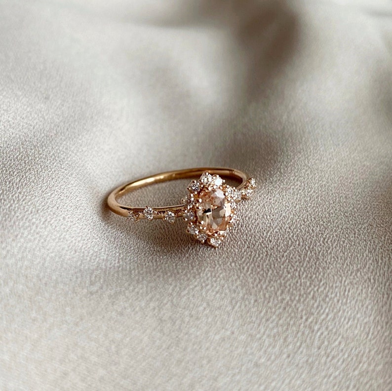 Vintage Morganite and Diamond Engagement Ring, Oval Morganite Bridal Ring Rose Gold, Solid Gold Diamond Halo Ring, Morganite Promise Ring image 1