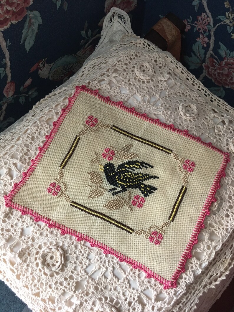Handmade Vintage Linen Embroidered Pillow Cover Beautiful Roses Cross Stitched Cottage Shabby Chic
