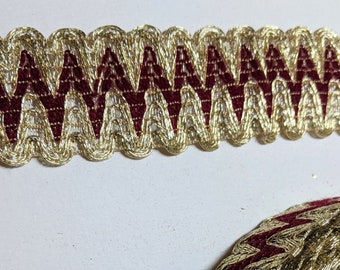 Red & Gold Embroidered Lace Trim, Sewing Ribbon - Per Yard