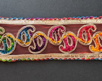 Multicoloured Embroidered Lace Ribbon, Golden Trim, Per Yard