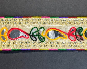 Multicoloured Embroidered Golden Lace Trim, Sewing Ribbon - Per Yard