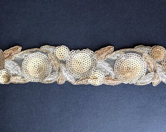 Golden Bronze Floral Embroidered Lace Trim, 2" Wide, Per Yard