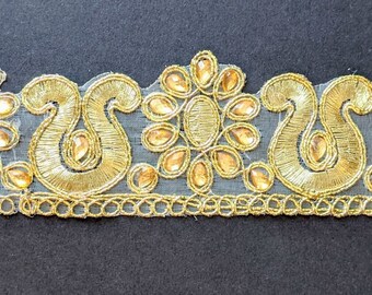 Golden Beaded Embroidered Lace Trim, Vintage Style - Per Yard