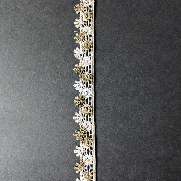 White and Brown Lace, White and Brown Trim, Vintage Lace, Embroidered White and Brown Lace, Ribbon, Sewing Lace  - Per Yard