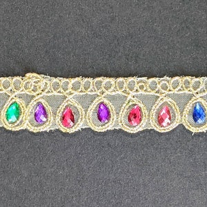 Embroidered Golden Teardrop Lace Trim, Multi-coloured Ribbon - Per Yard image 1