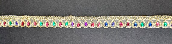 Embroidered Golden Teardrop Lace Trim, Multi-coloured Ribbon - Per Yard