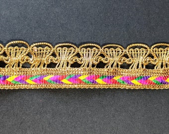 Gold Embroidered Multi-Coloured Lace Trim, Sewing Ribbon - Per Yard