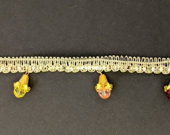 Embroidered Rainbow Lace Trim with Golden Accents, Sewing Ribbon - Per Yard