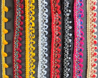 Multicoloured Pom Pom Lace Trim, Embroidered Sewing Ribbon - Per Yard
