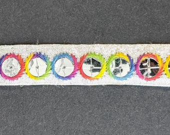 Multicoloured Embroidered Lace Trim with Silver Details, Per Yard