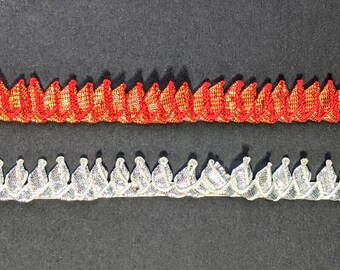 Red Embroidered Vintage Lace Ribbon, Silver Trim - Per Yard