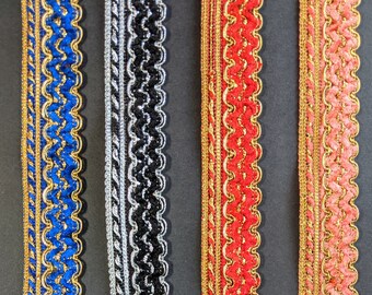 Embroidered Blue & Gold Lace Trim, Vintage Style, Sewing Ribbon (1.25-inch)