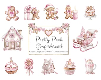 Può includere: Un set di clipart di pan di zenzero rosa e bianco. Il set include personaggi di pan di zenzero, una casa di pan di zenzero, una torta di pan di zenzero, un cupcake di pan di zenzero, un ornamento di pan di zenzero, un lecca-lecca di pan di zenzero, una slitta di pan di zenzero e una cioccolata calda di pan di zenzero. Le clipart sono perfette per aggiungere un tocco festivo ai tuoi progetti natalizi.