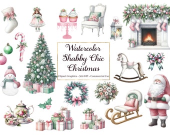 Può includere: Grafica di clipart ad acquerello in stile shabby chic con elementi natalizi. Il set include un albero di Natale, regali, un cavallo a dondolo, un pupazzo di neve, un camino, una teiera, una ghirlanda, un cupcake, una calza, una lanterna, Babbo Natale, una slitta e una bambola.